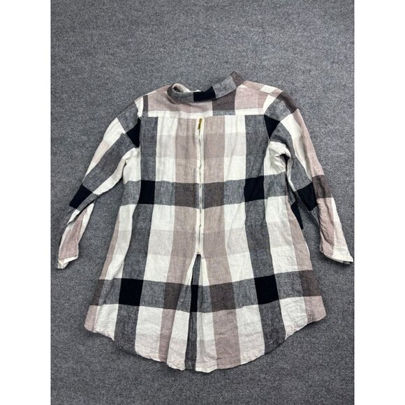 Soft Surroundings Linen Top Women's M Beige Black Check Button Up Zipper Back - Picture 7 of 7